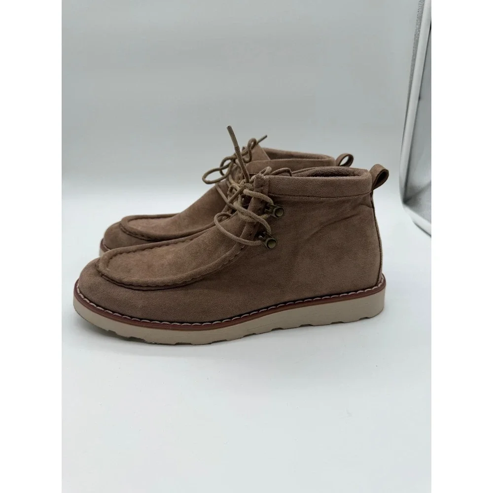 Natural Reflections Womens Taupe Faux Suede Moc Toe Lace Up Ankle Boots 10